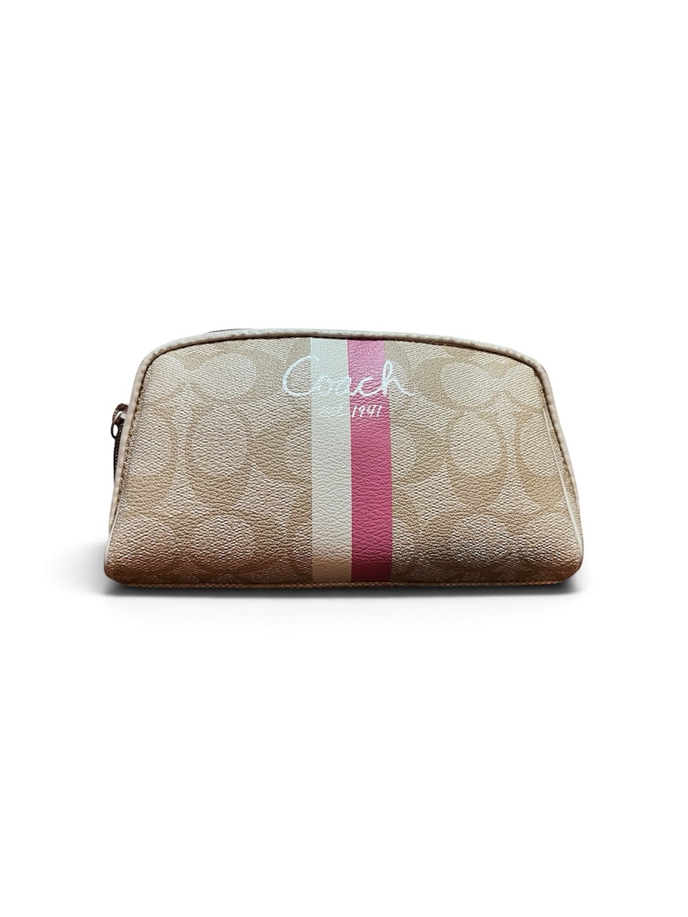 Coach Signature Monogram Cosmetic Bag Khaki Pink Stripe